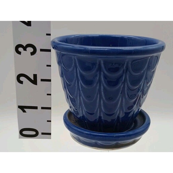 Vtg Shawnee Planter With Saucer Cobalt Blue Fishscale 3.5" - Picture 2 of 6